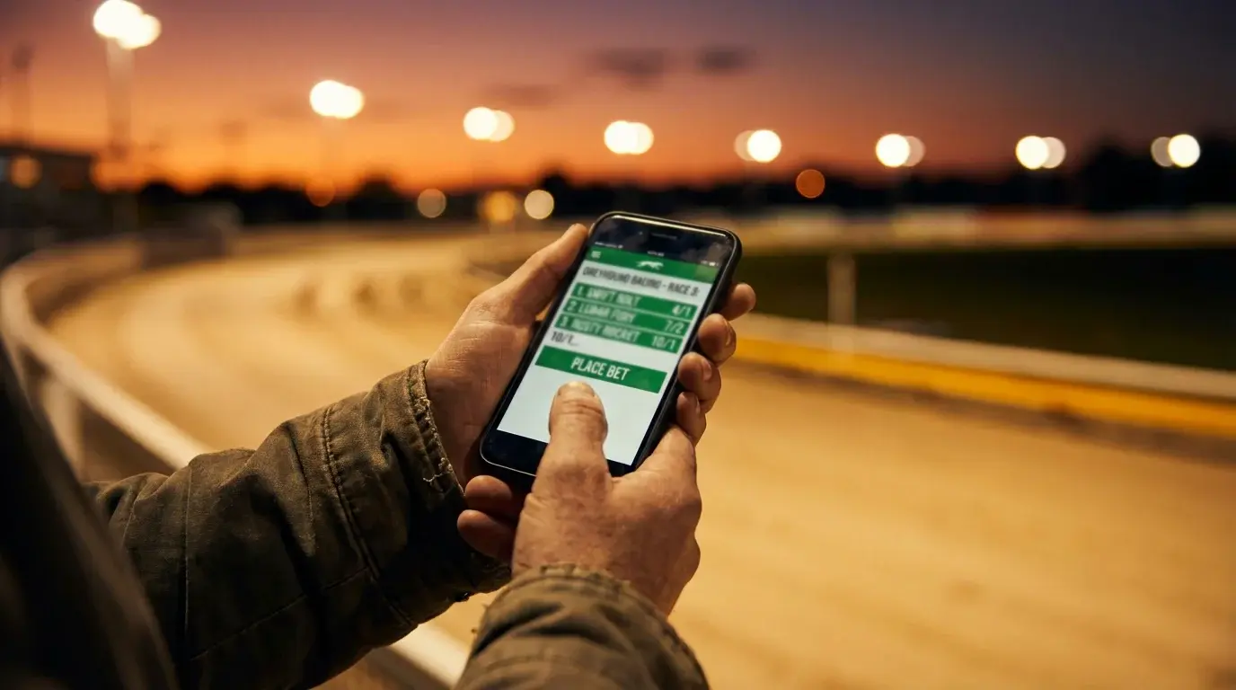 Punter checking greyhound betting odds on a phone at the track
