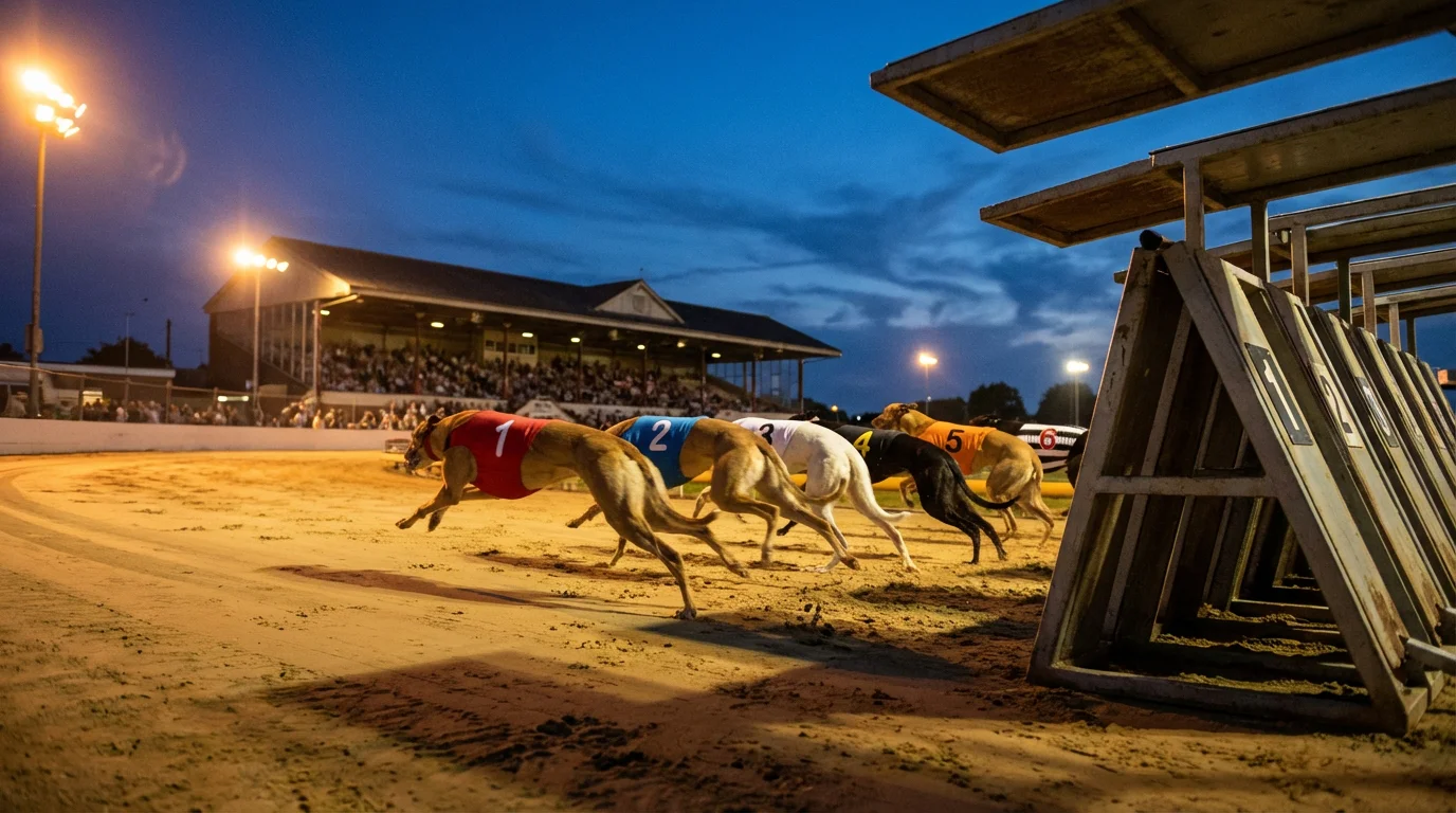 Greyhound racing at a floodlit stadium with six dogs sprinting down the sand track during a historic English Derby final