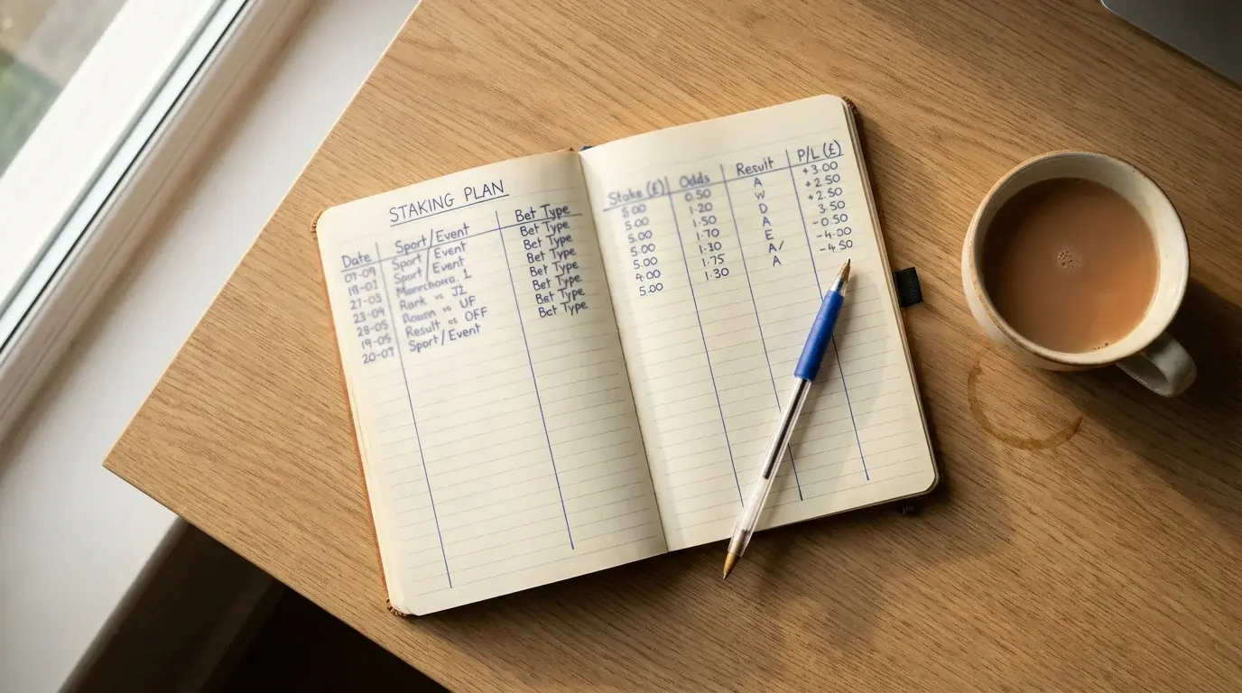 Notebook with greyhound betting bankroll staking plan and pen on desk