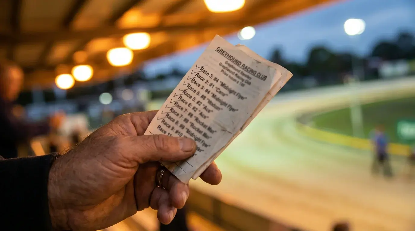 Greyhound derby accumulator betting slip with multiple race selections