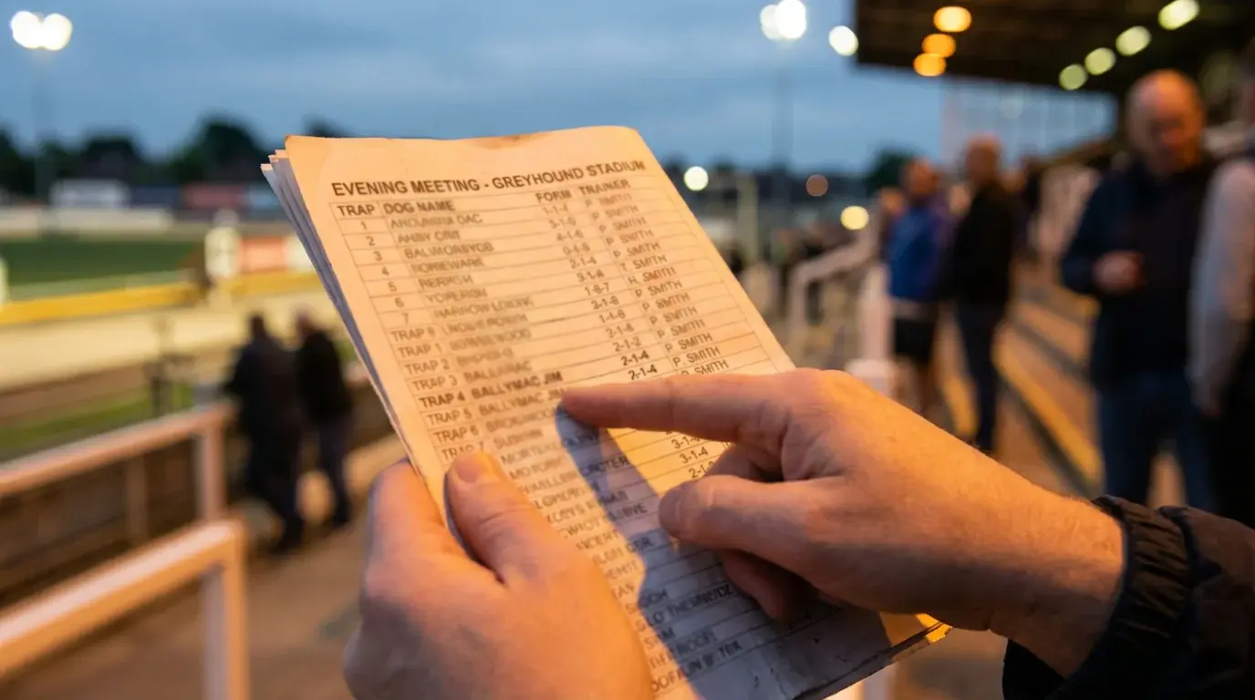 Greyhound racecard with betting terminology and form guide annotations