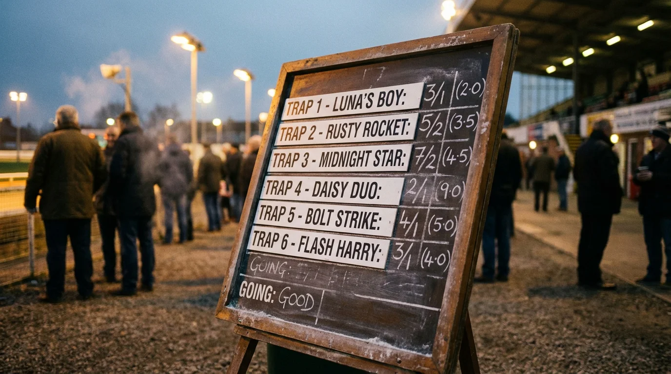 Bookmaker odds board showing greyhound derby betting markets