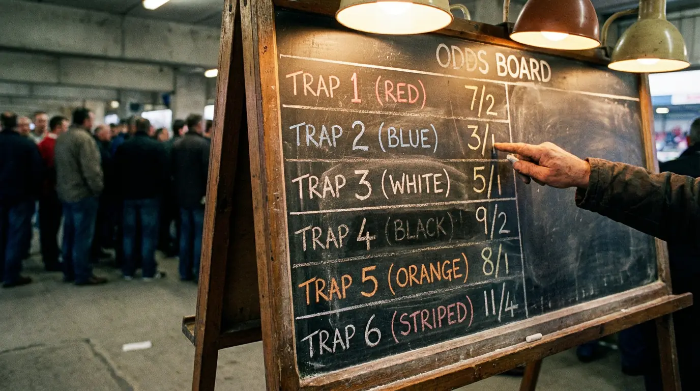 Bookmaker odds board showing greyhound Derby betting prices at a UK racecourse