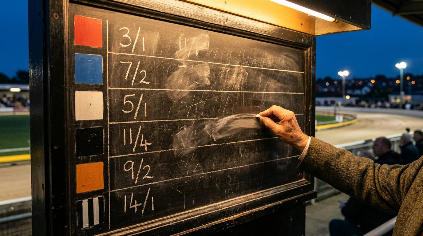 Close-up of a bookmaker odds board showing fractional prices for six greyhound runners in coloured trap jackets