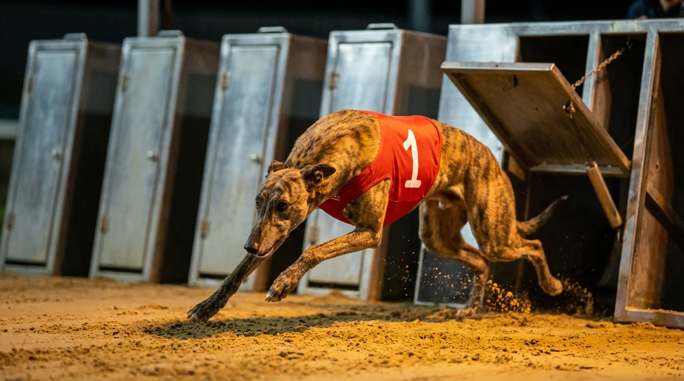 Greyhound in a red trap jacket bursting out of the starting traps on a sand track at the beginning of a Derby race