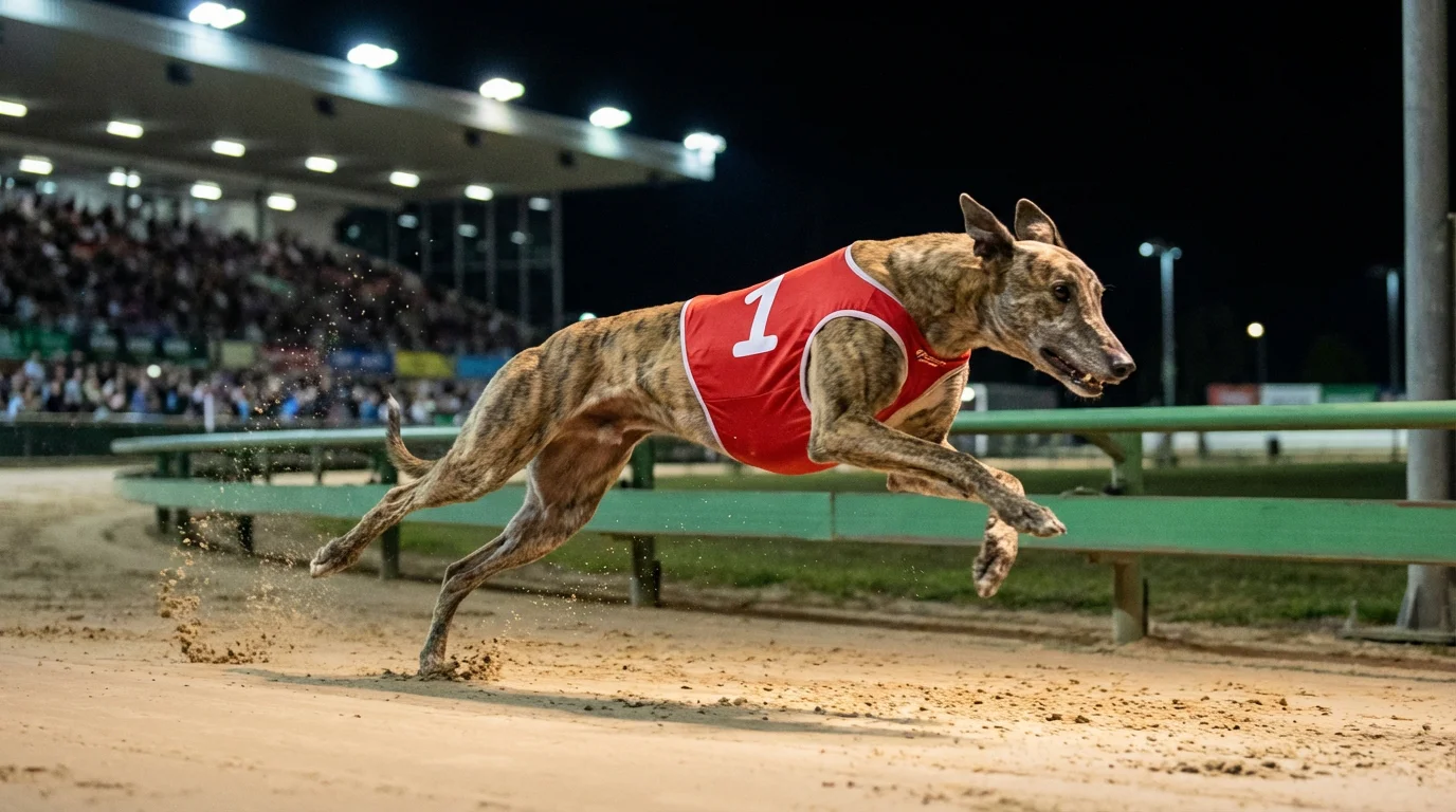 Champion greyhound crossing the finish line first on a floodlit sand track