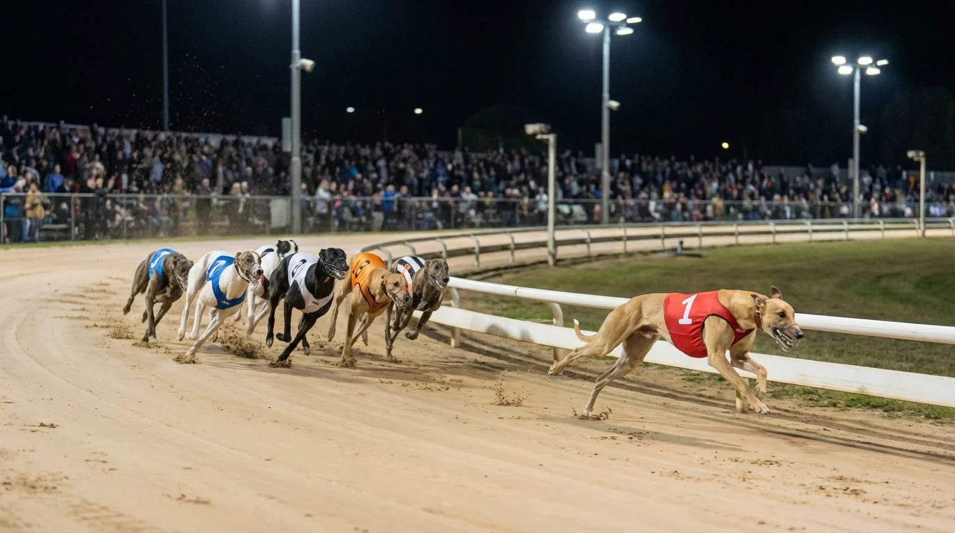 Greyhound leading the pack around the first bend on a sand track