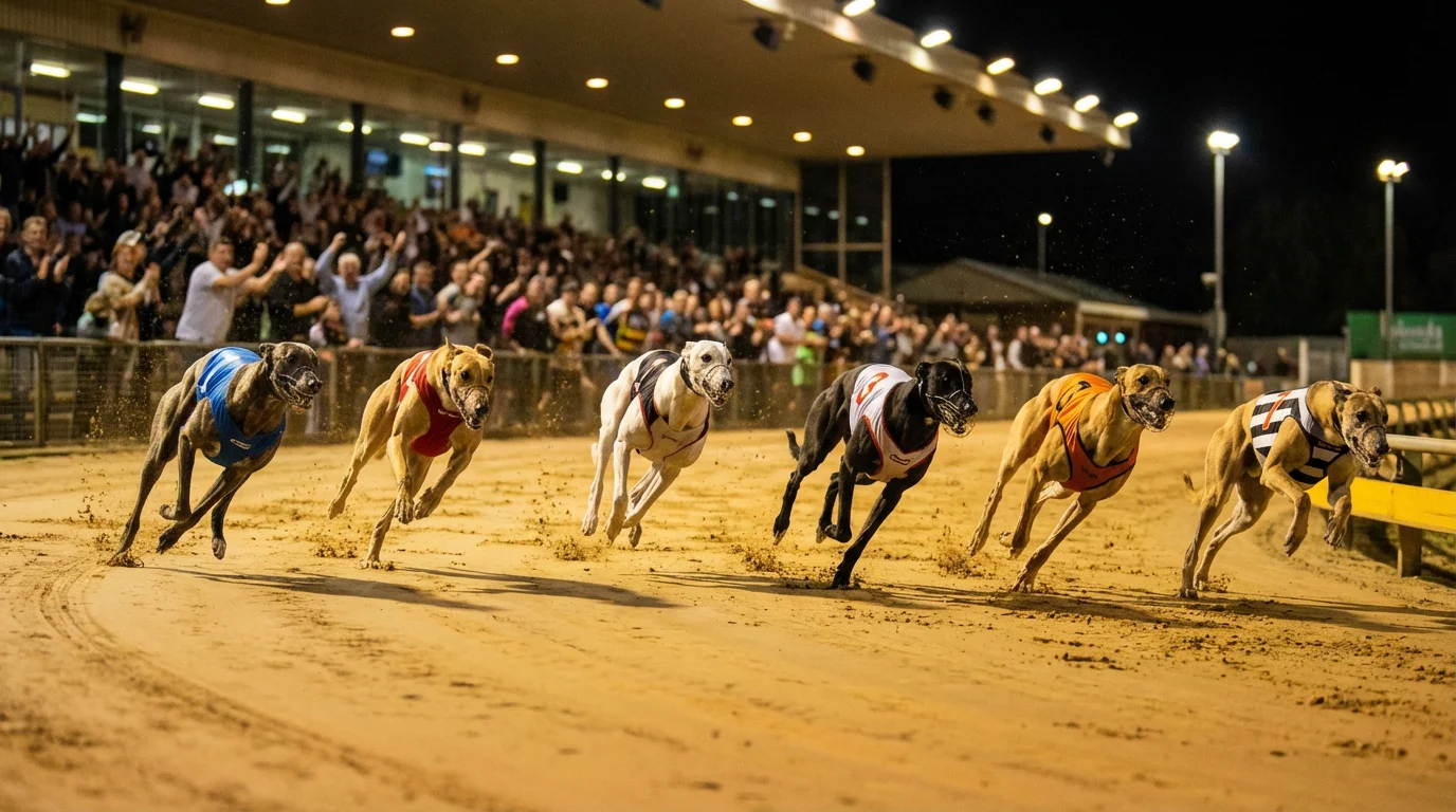 Greyhound Derby final race night at Towcester Stadium with six dogs sprinting on the sand track