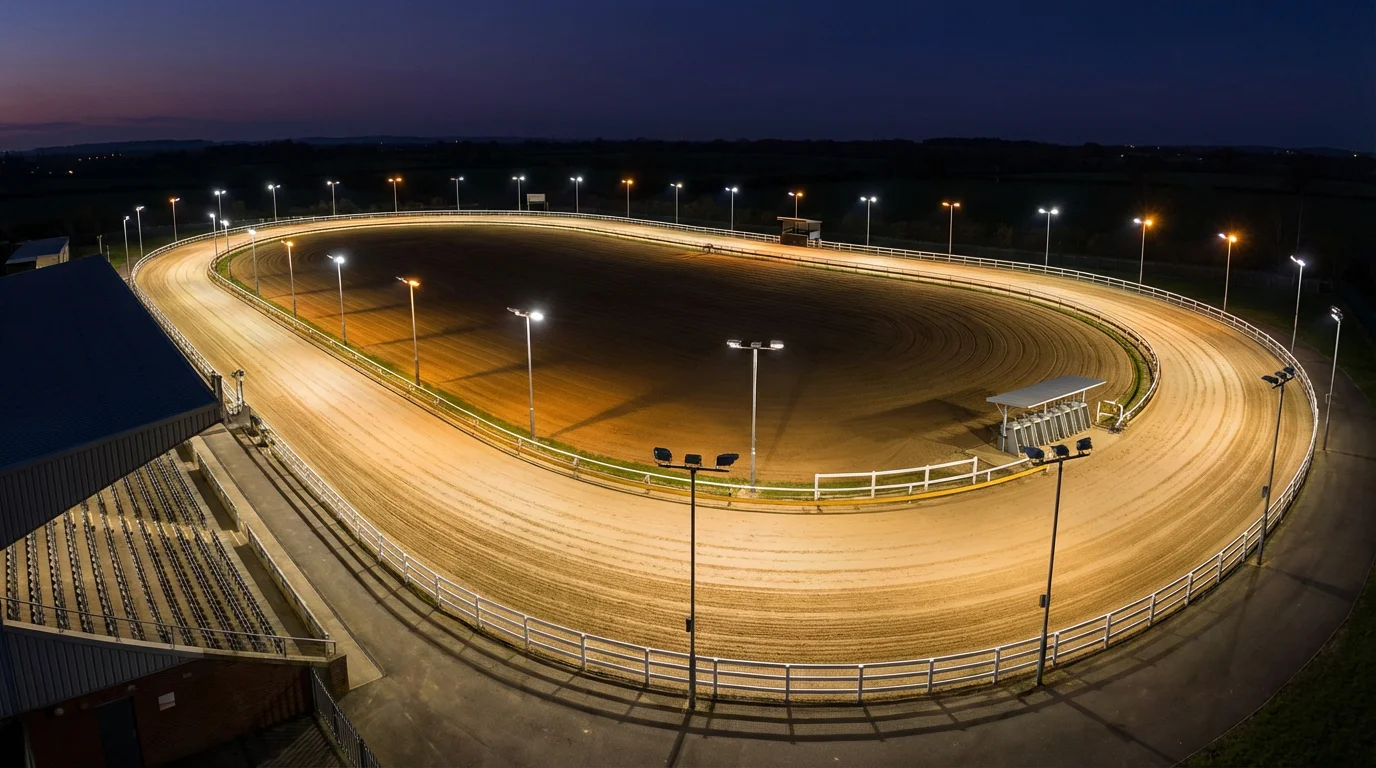 Aerial view of Towcester greyhound stadium showing the 500-metre sand oval track under floodlights on race night