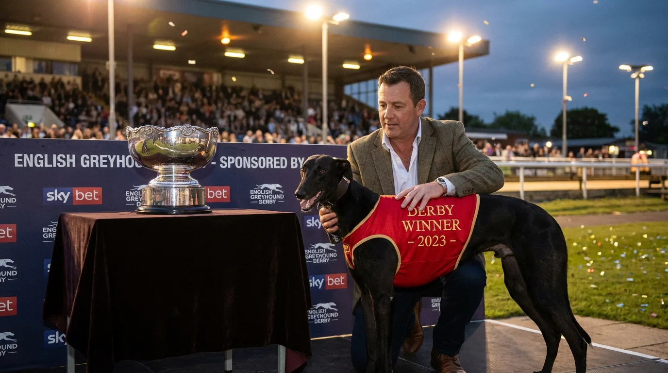 Greyhound Derby trophy presentation ceremony with the winning dog and trainer at the racecourse