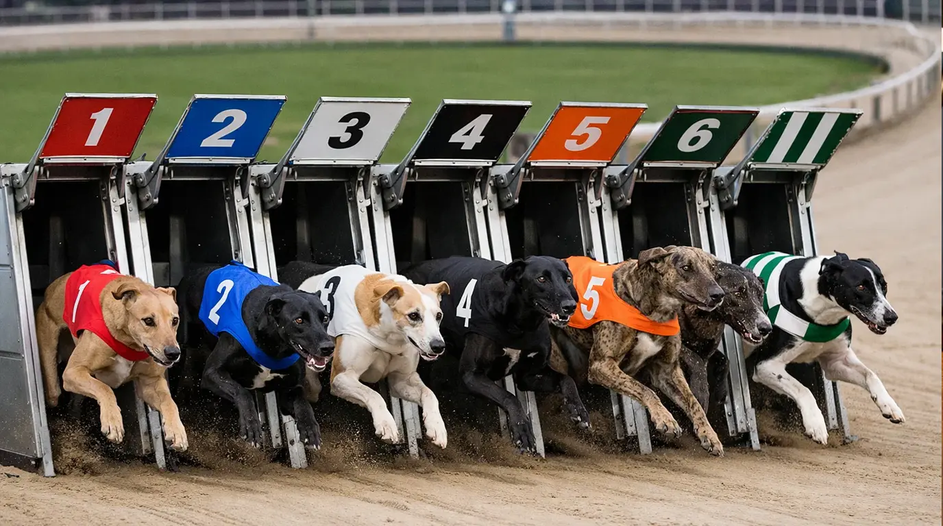 Greyhound racing heat at Towcester with six dogs leaving the starting traps on the sand course