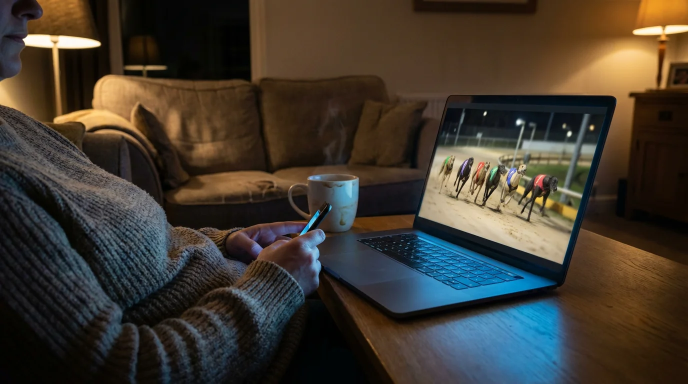 Greyhound derby live stream on a laptop screen at home