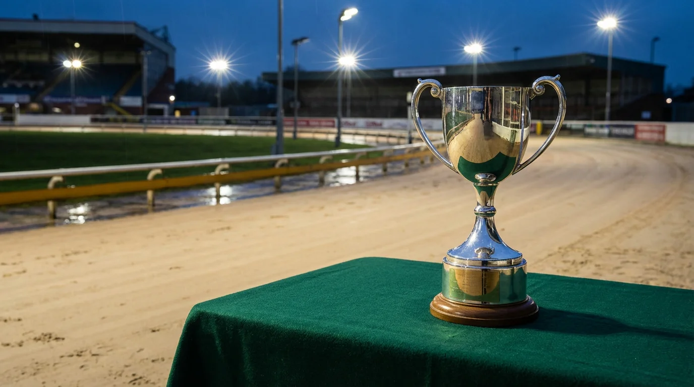 Greyhound Derby winner's trophy on a presentation table at the track