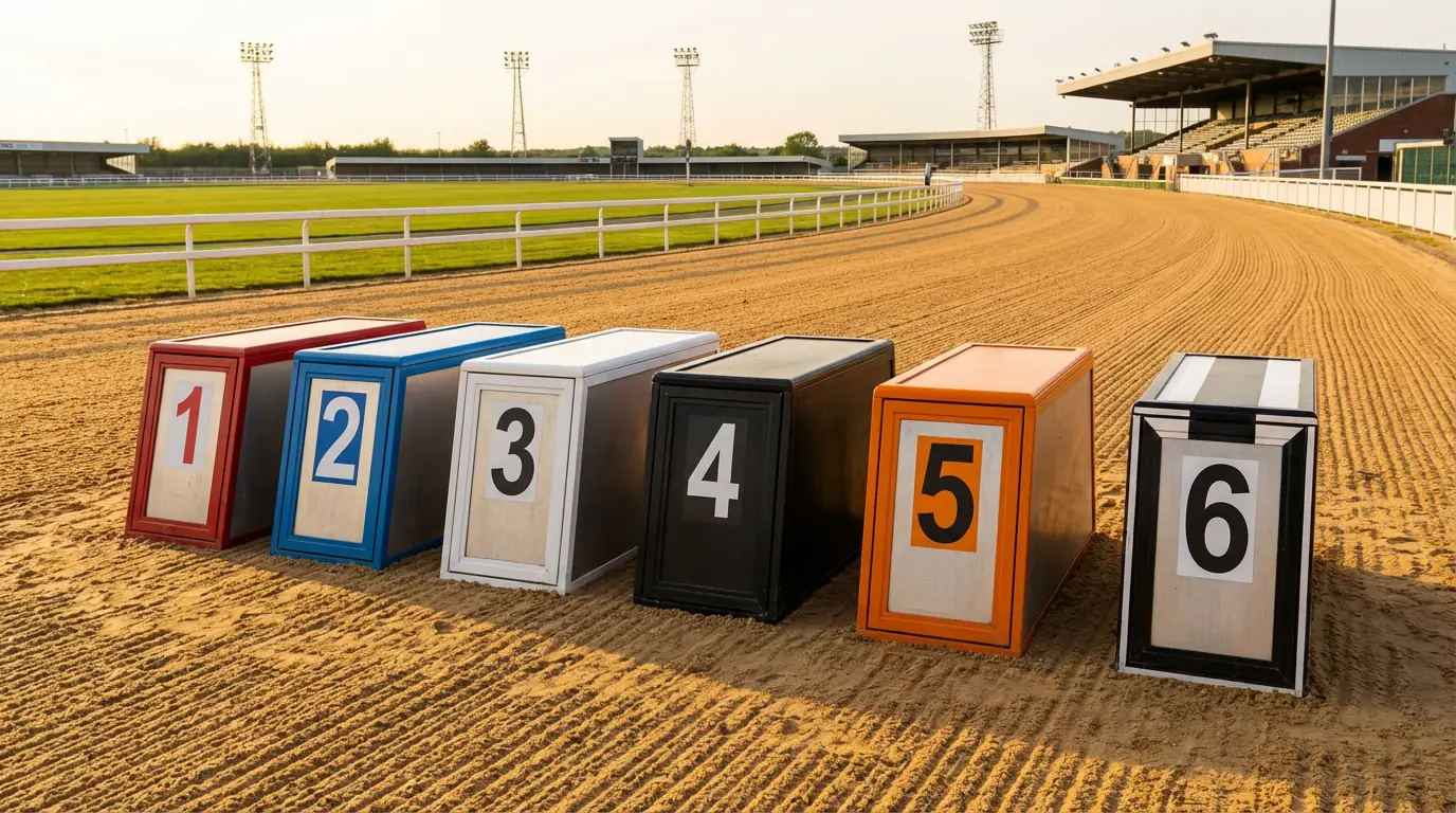 Six greyhound starting traps with coloured lids at Towcester Stadium before a Derby race