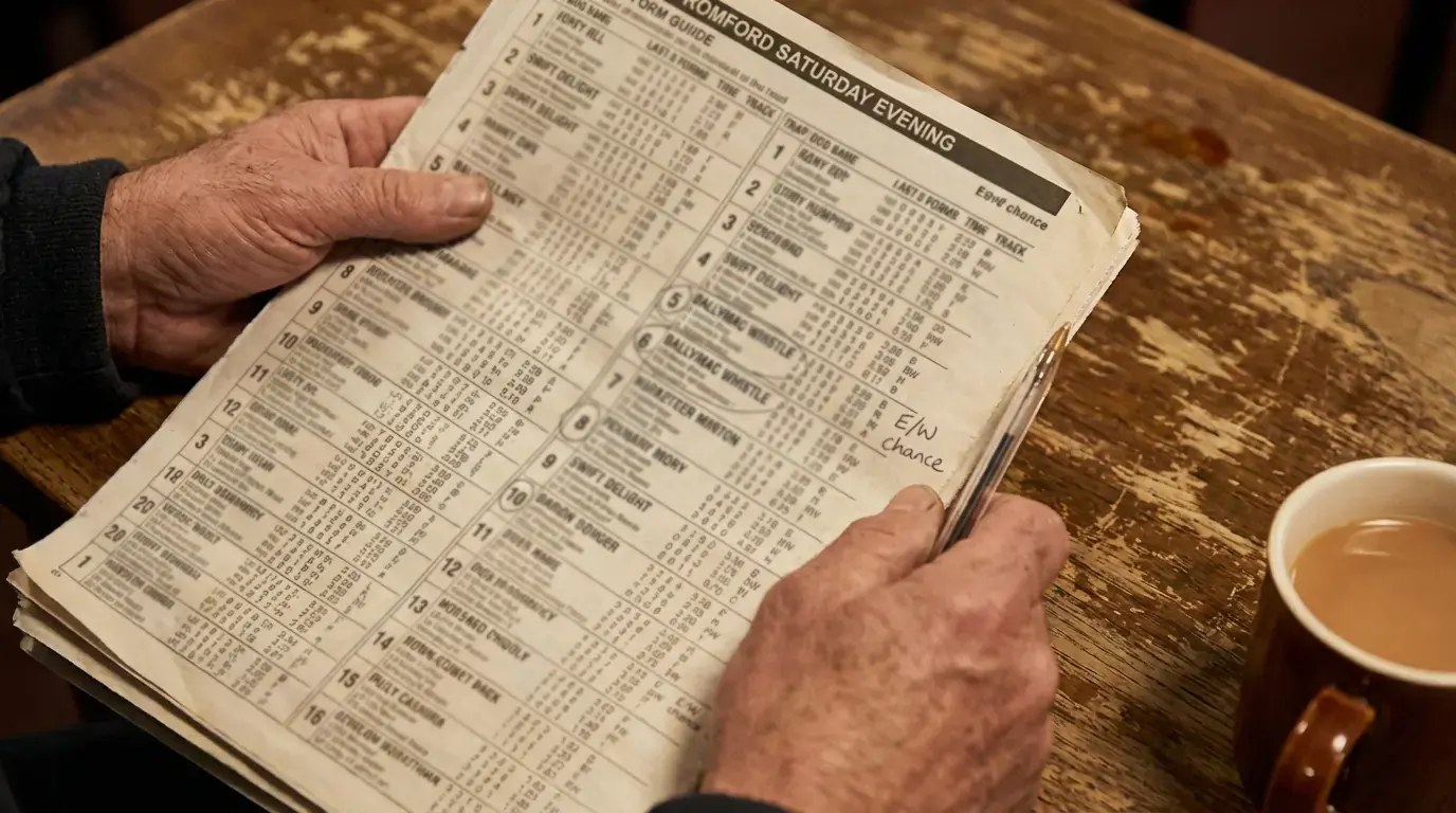 Close-up of a greyhound racing form guide with race times and trap numbers highlighted
