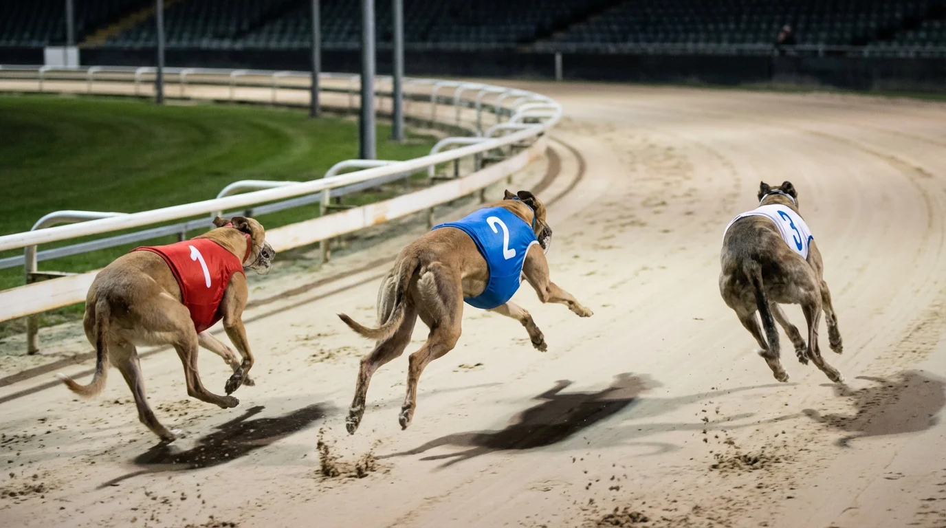 Greyhounds racing at different grades on a sand track