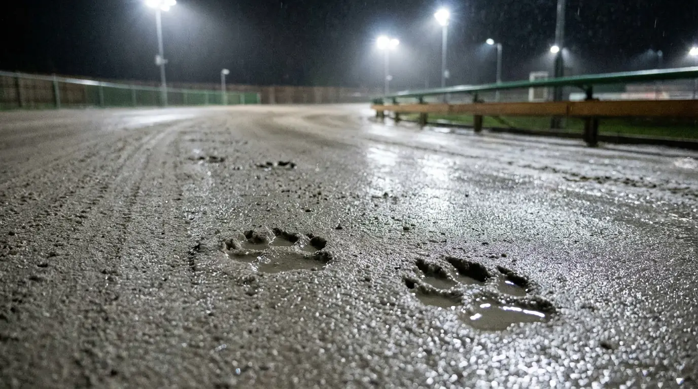 Close-up of wet sand greyhound racing track surface under floodlights