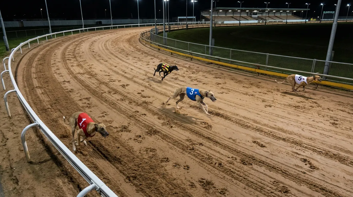 Greyhounds racing in different running lines on a bend
