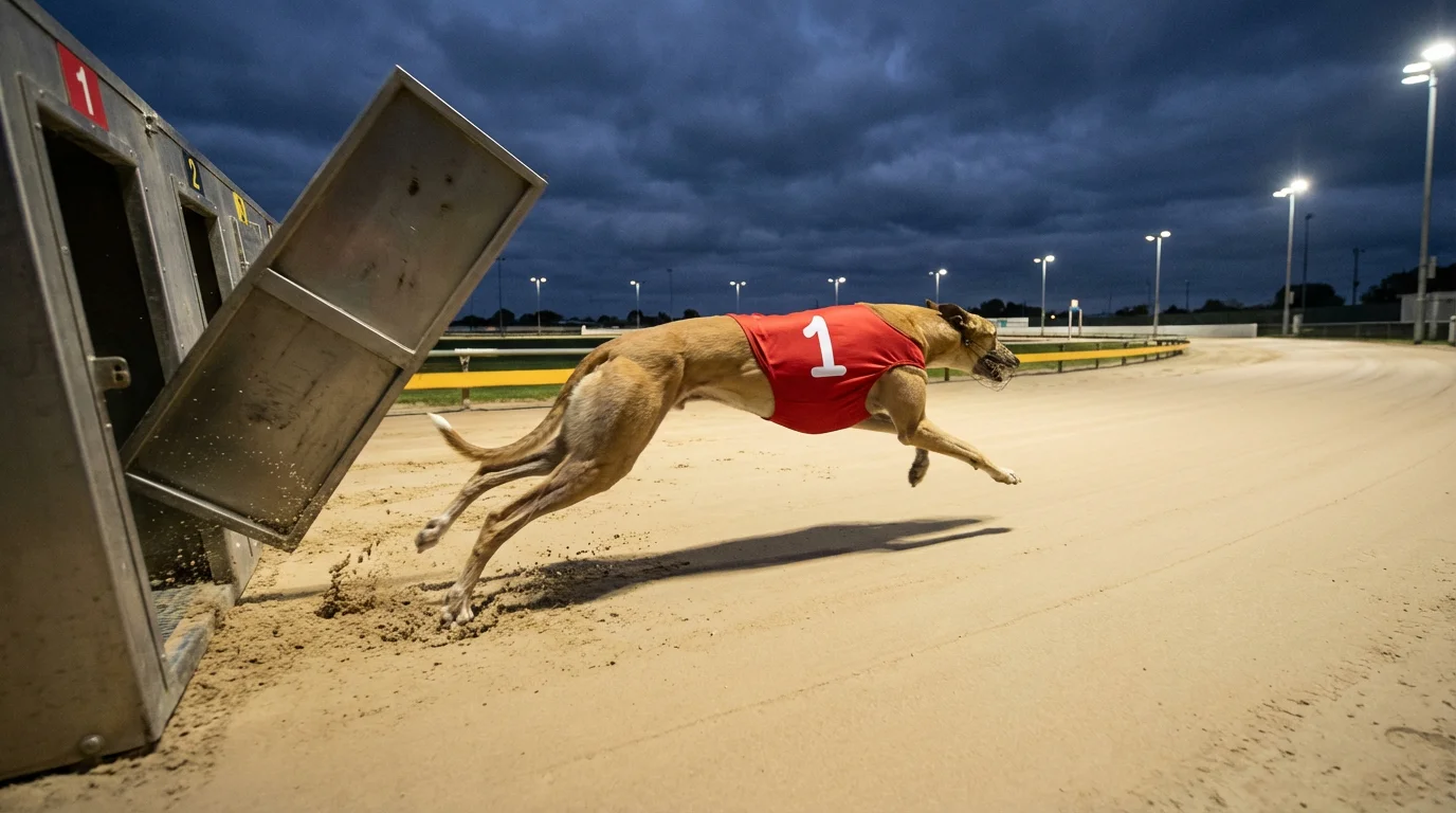 Greyhound sprinting out of the traps on a floodlit sand track
