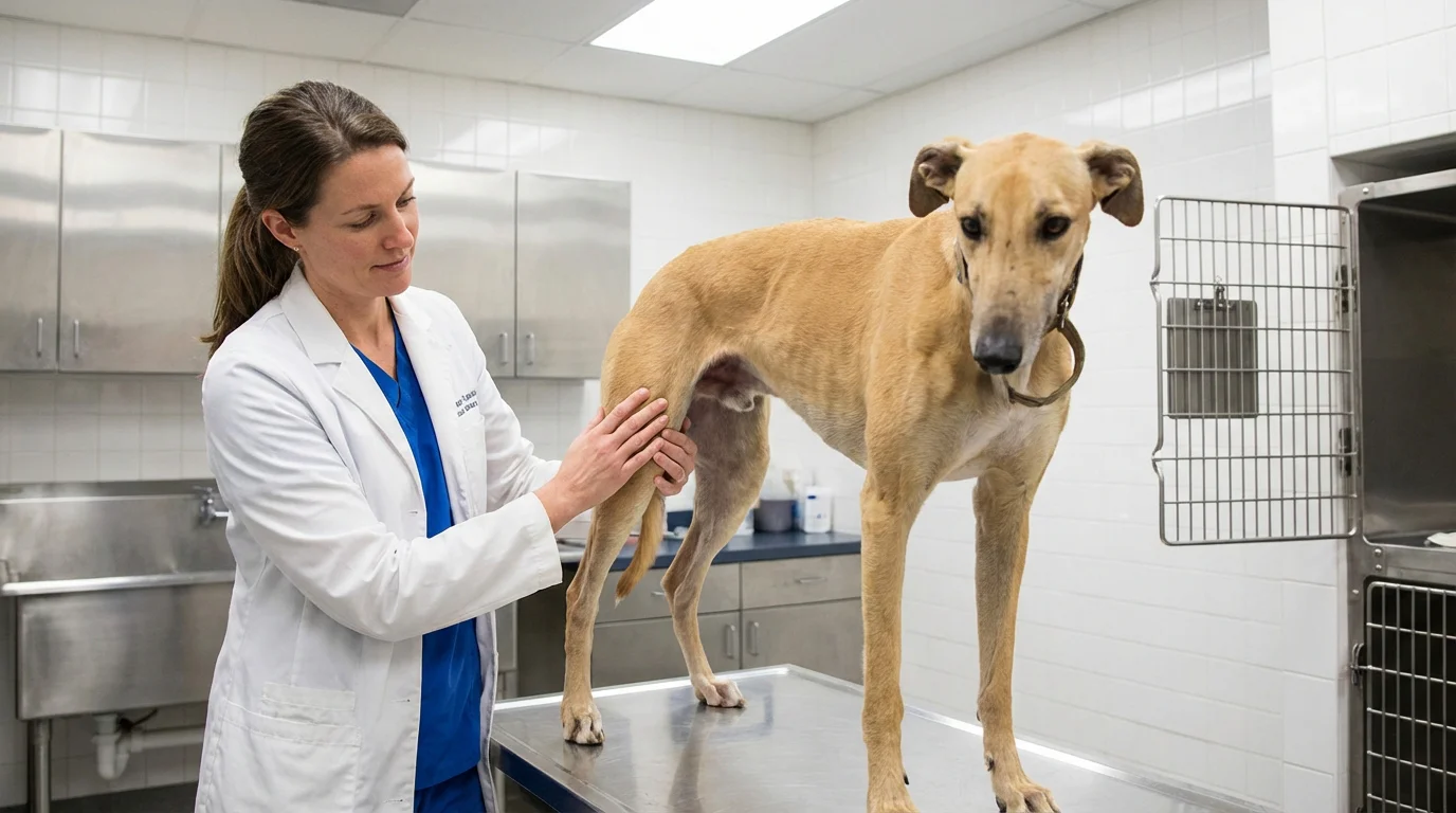 Greyhound being examined by a veterinarian at a licensed UK racing kennel