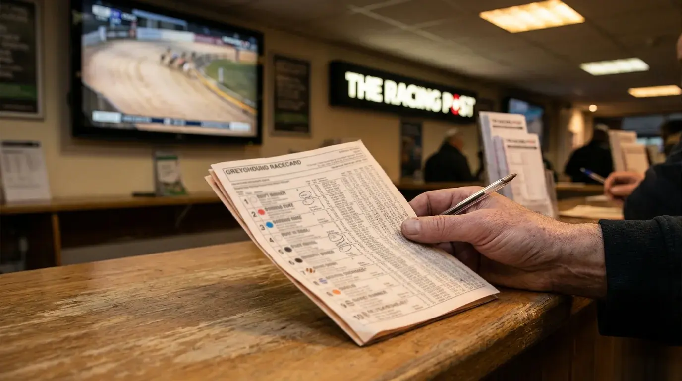 Punter studying a greyhound racecard with a pen at a betting counter before a Derby race night