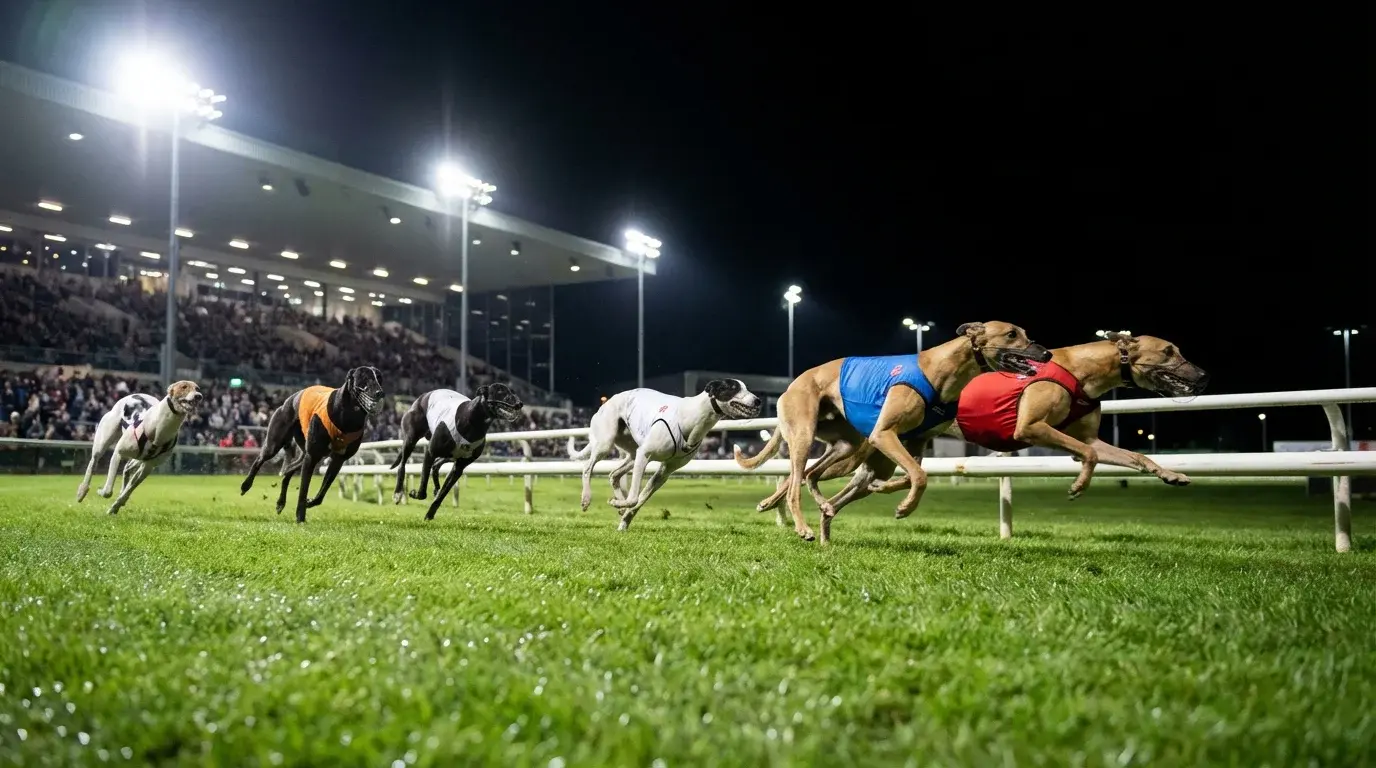 Greyhound racing on a grass track under stadium floodlights