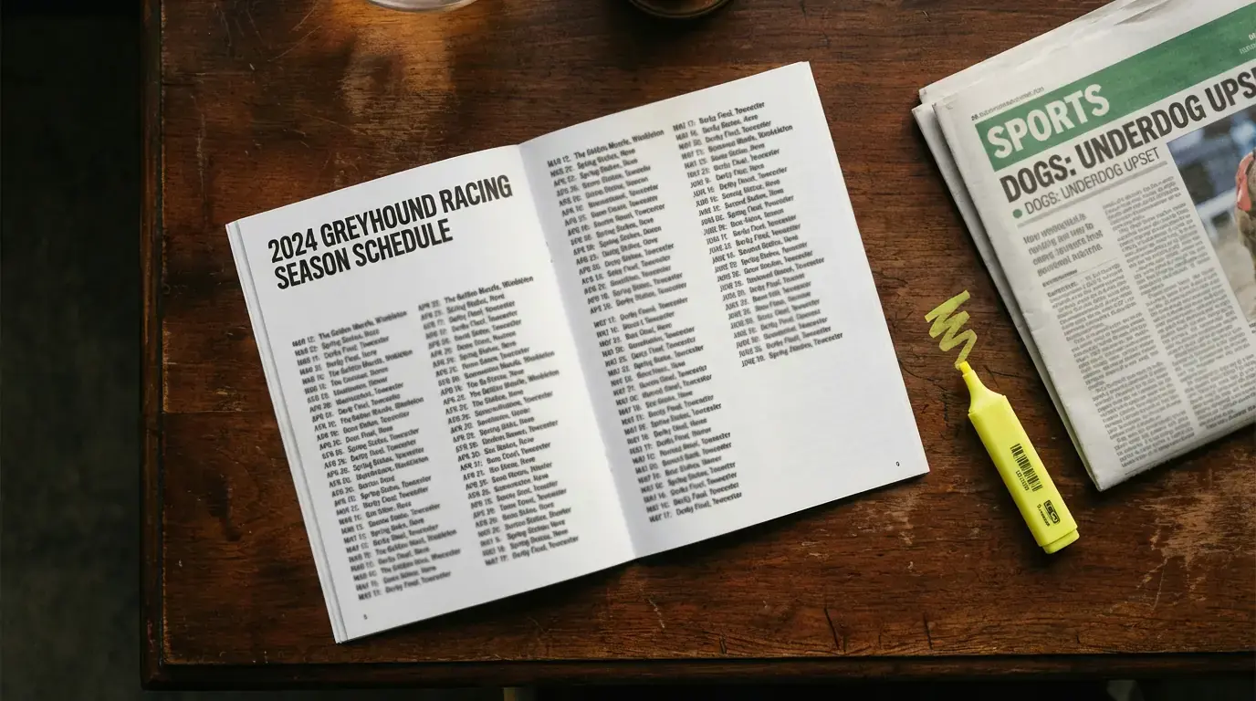 Greyhound racing event programme and schedule planner on a desk
