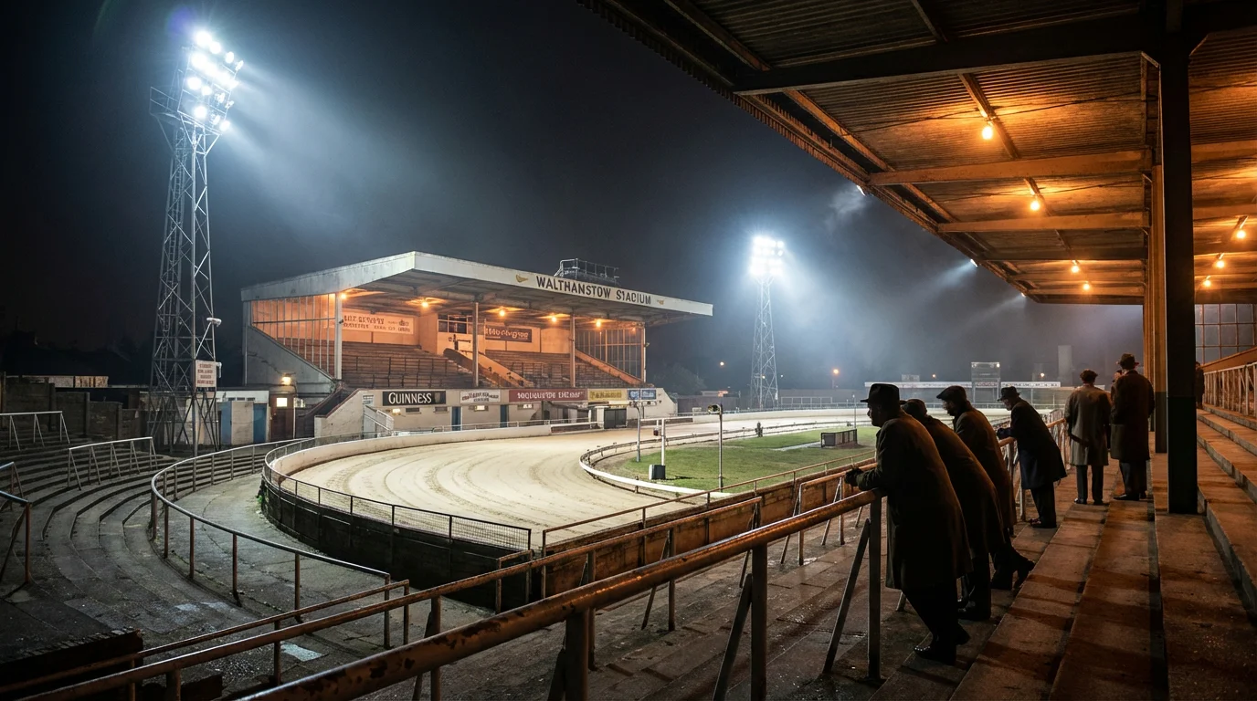 Historic British greyhound racing stadium with floodlit oval track at night